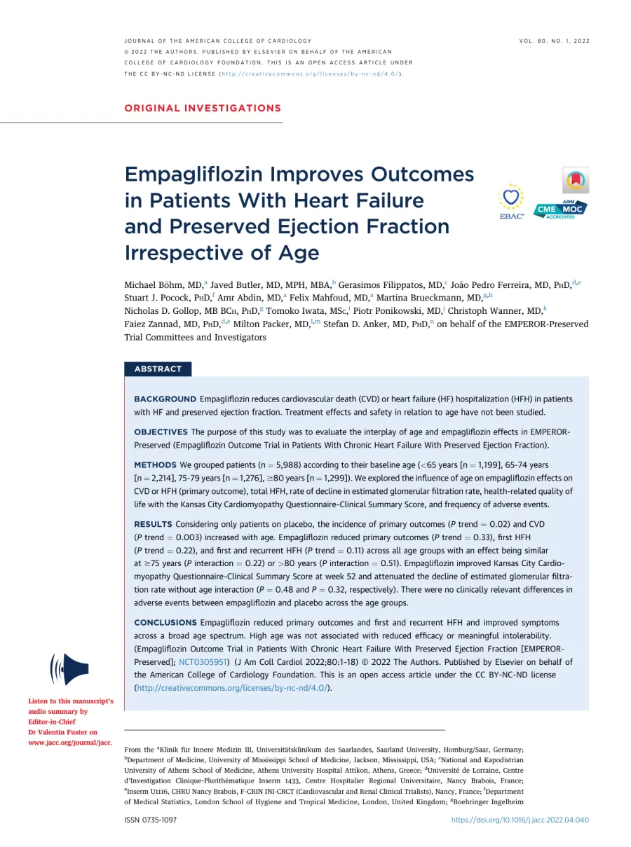 First page of the original JACC publication: Empagliflozin Improves Outcomes in Patients With Heart Failure and Preserved Ejection Fraction Irrespective of Age, by Michael Böhm and colleagues, 2022.
