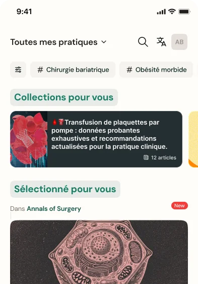 Écran Fil d’actualité avec thématiques de pratique, collections et publications sélectionnées, réglages de pratique ouverts.