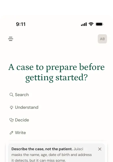 JuisciGPT home screen with Search, Understand, Decide and Write, and a clinical case typed into the question field.
