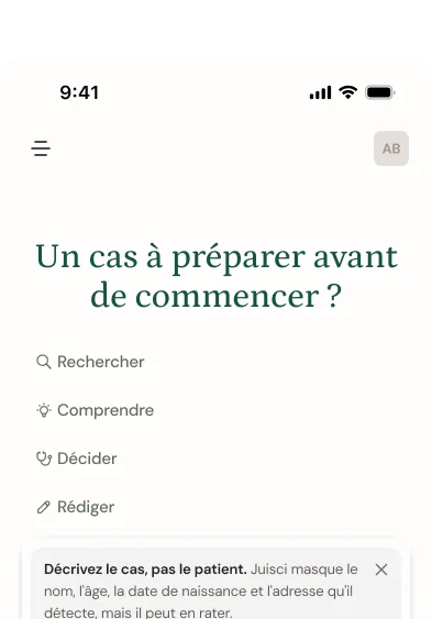 Écran d’accueil de JuisciGPT avec Rechercher, Comprendre, Décider et Rédiger, et un cas clinique saisi dans le champ de question.